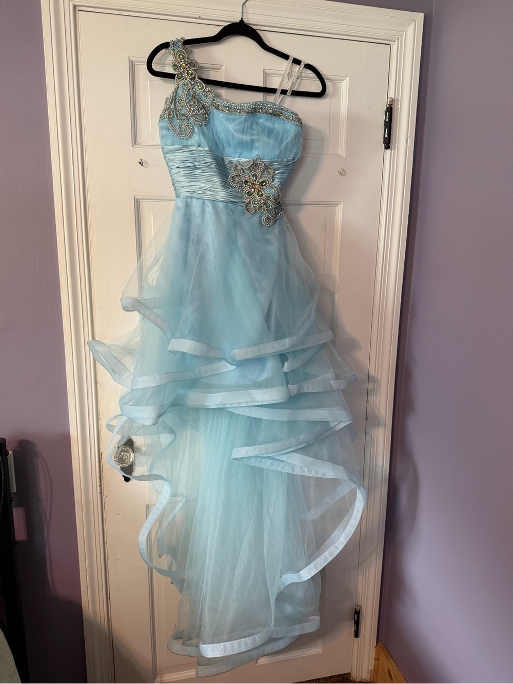 Sherri Hill Light Blue One-Shoulder Ruffled Tulle Dress vintage